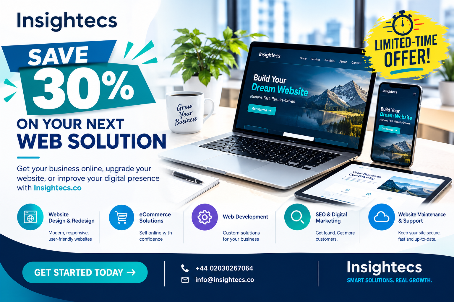Save 30% on your next web solution with Insightecs. Website design, eCommerce, web development, digital marketing and maintenance. Get started today — visit our shop.